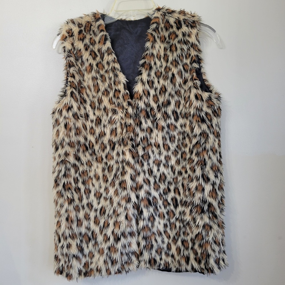 Vintage Womens Leopard Print Faux Fur Vest Shaggy Brown Tan Black Sleeveless Lg